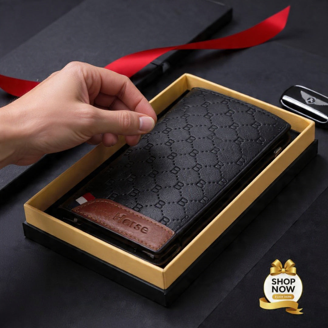 Premium Leather Long Wallet for Men – Stylish Embossed Design Card Holder & Cash Organizer
